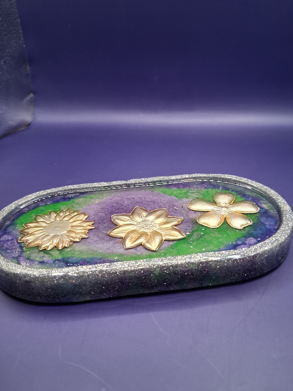 Handmade Resin Trinket Tray with Gold Flower Accents - Green & Purple